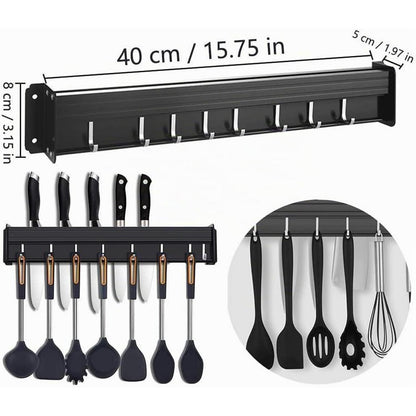Küchenhakenleiste ohne Bohren mit Messerblock & 8 Haken