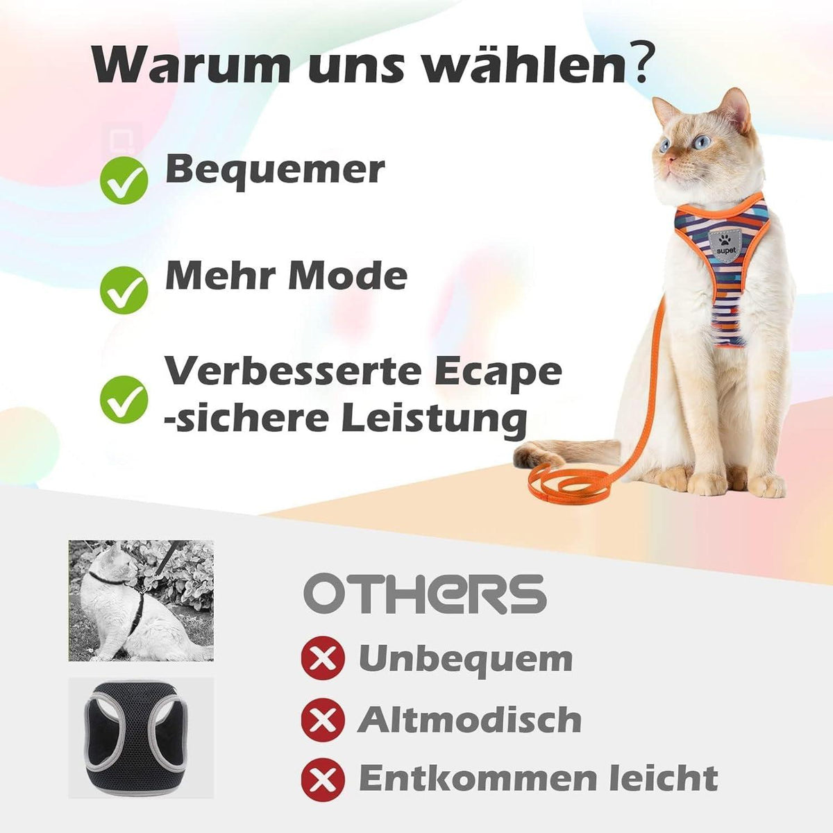 Katzengeschirr und Leine Set Fluchtsicher Verstellbar Grau M 28-46cm
