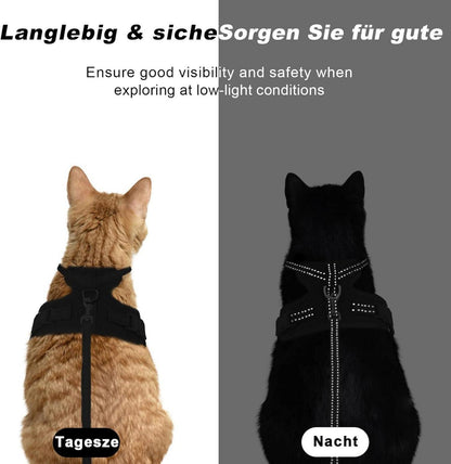 Katzengeschirr und Leine Set Fluchtsicher S Schwarz Reflektierend