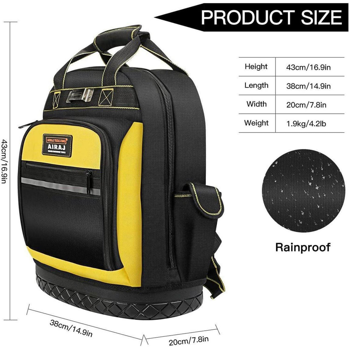 Werkzeugrucksack 43cm mit Gummiboden, robust 1680D