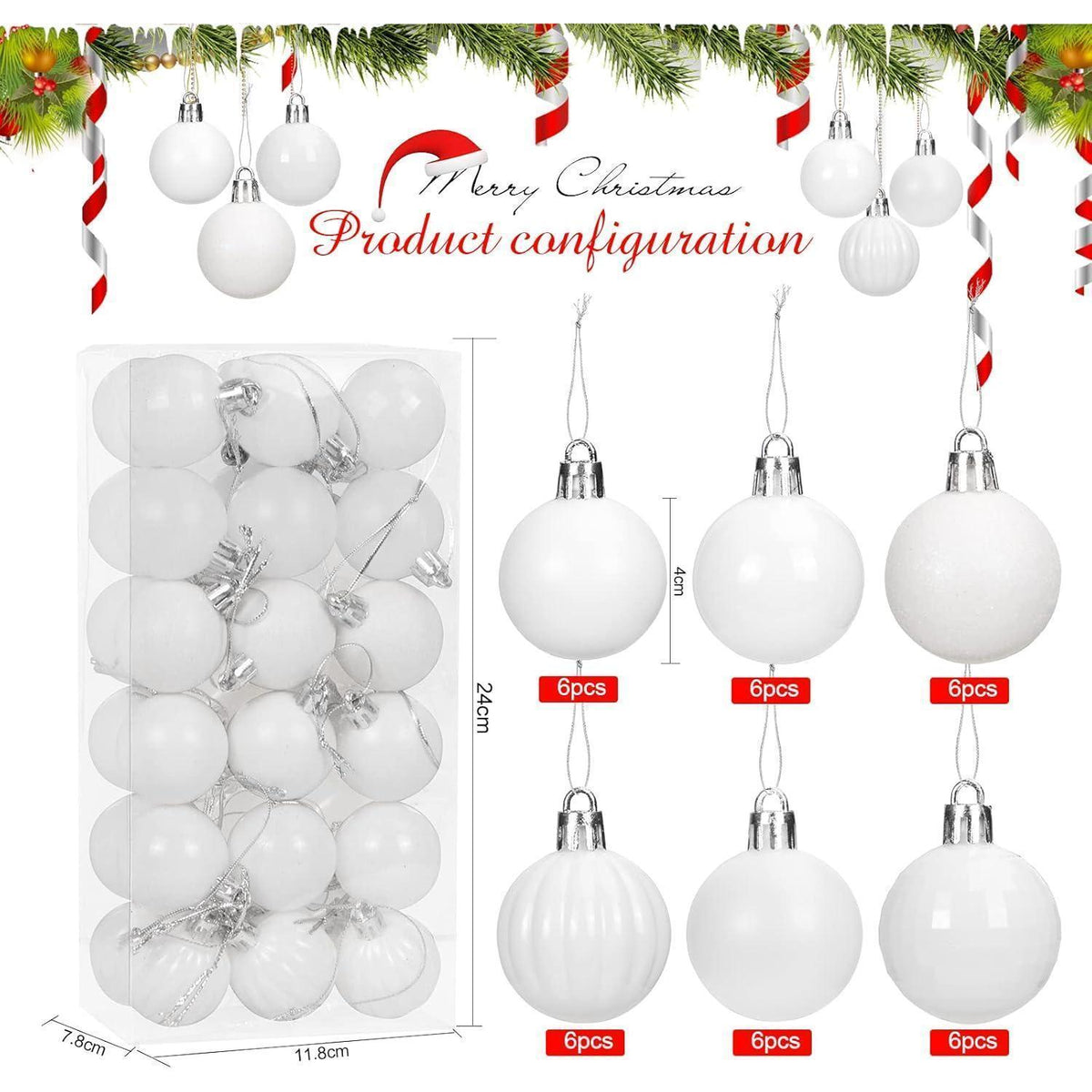 Weihnachtskugeln Weiß 36 Stück 4cm Kunststoff mit 6 Stilen
