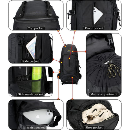 70L Trekkingrucksack für Damen und Herren, Schwarz