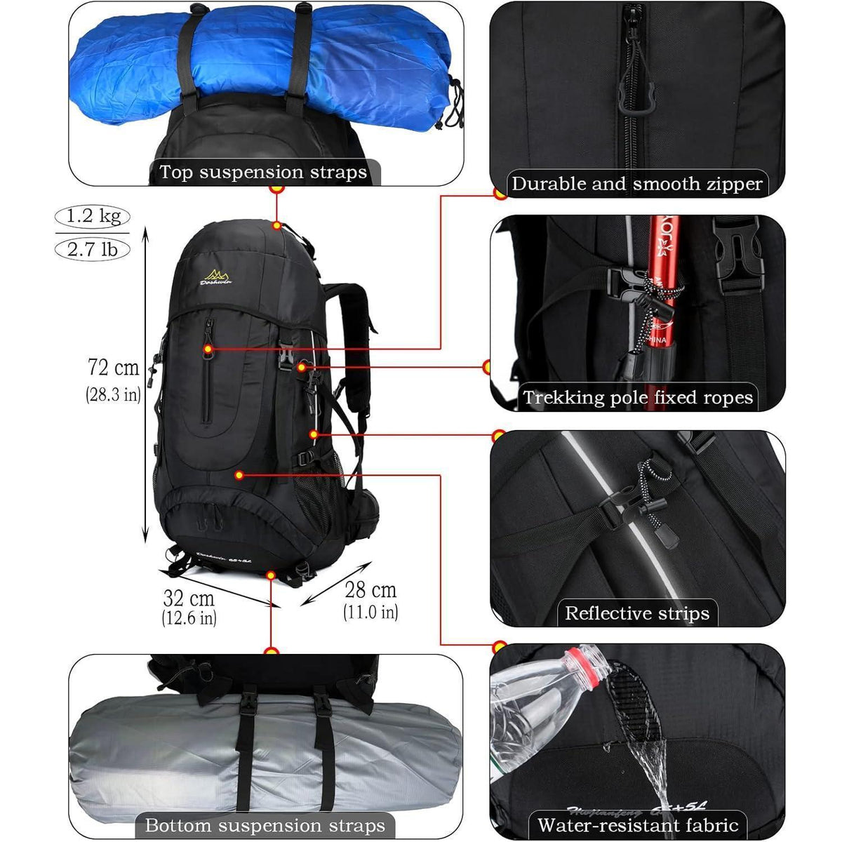 70L Trekkingrucksack für Damen und Herren, Schwarz