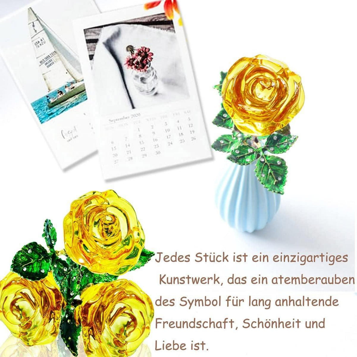 Gelbe Kristallrose Geschenk für Frauen - Ewige Blume mit Wunschkarte