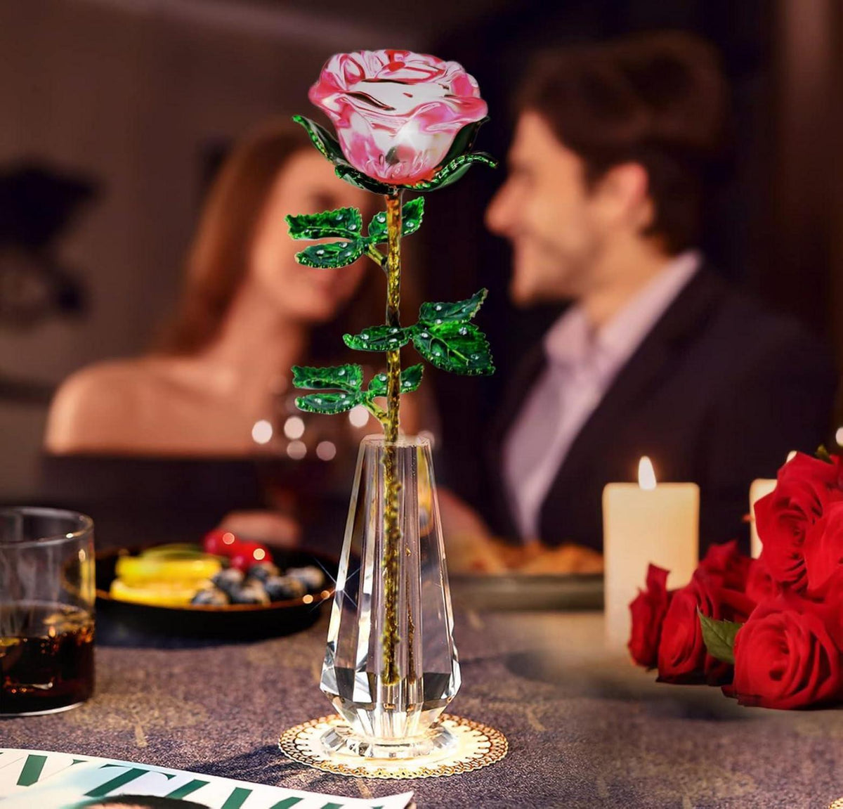 Rosa Kristallrose mit Wunschkarte, 3D Glasrose, Geschenk für Frauen, Muttertag, Geburtstag, Hochzeit, Valentinstag, Weihnachten