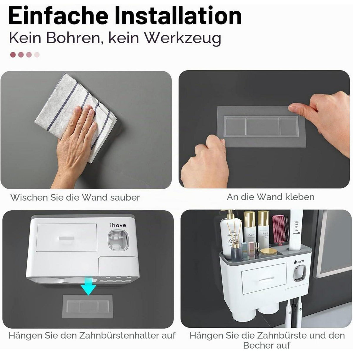 Zahnbürstenhalter Wand mit Spender & Schublade – Weiß