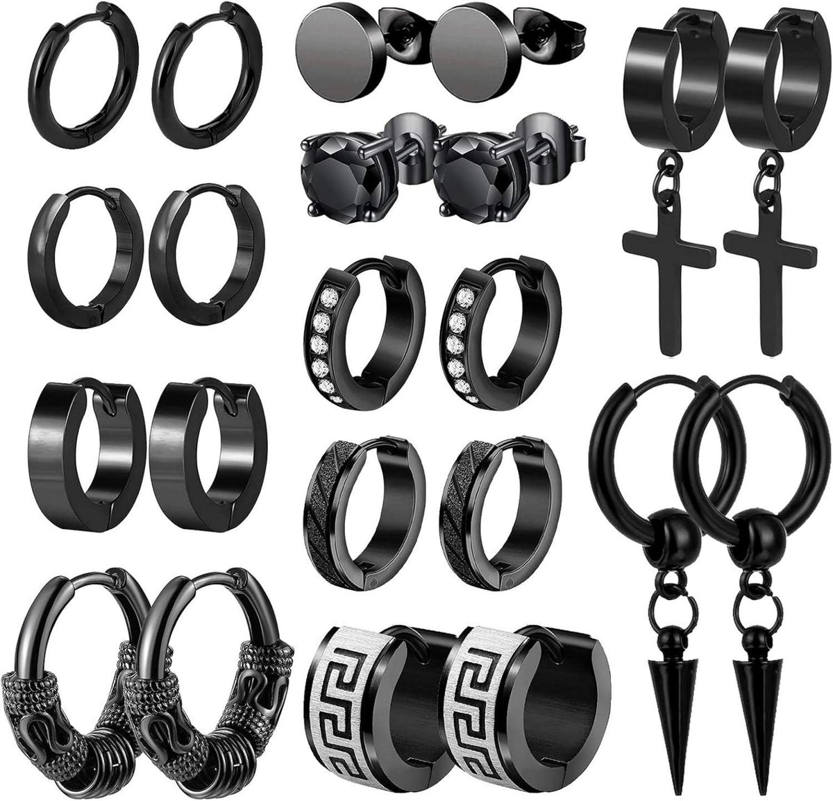 11 Paar Schwarz Edelstahl Ohrringe Set Hoop Creolen Ohrstecker Unisex
