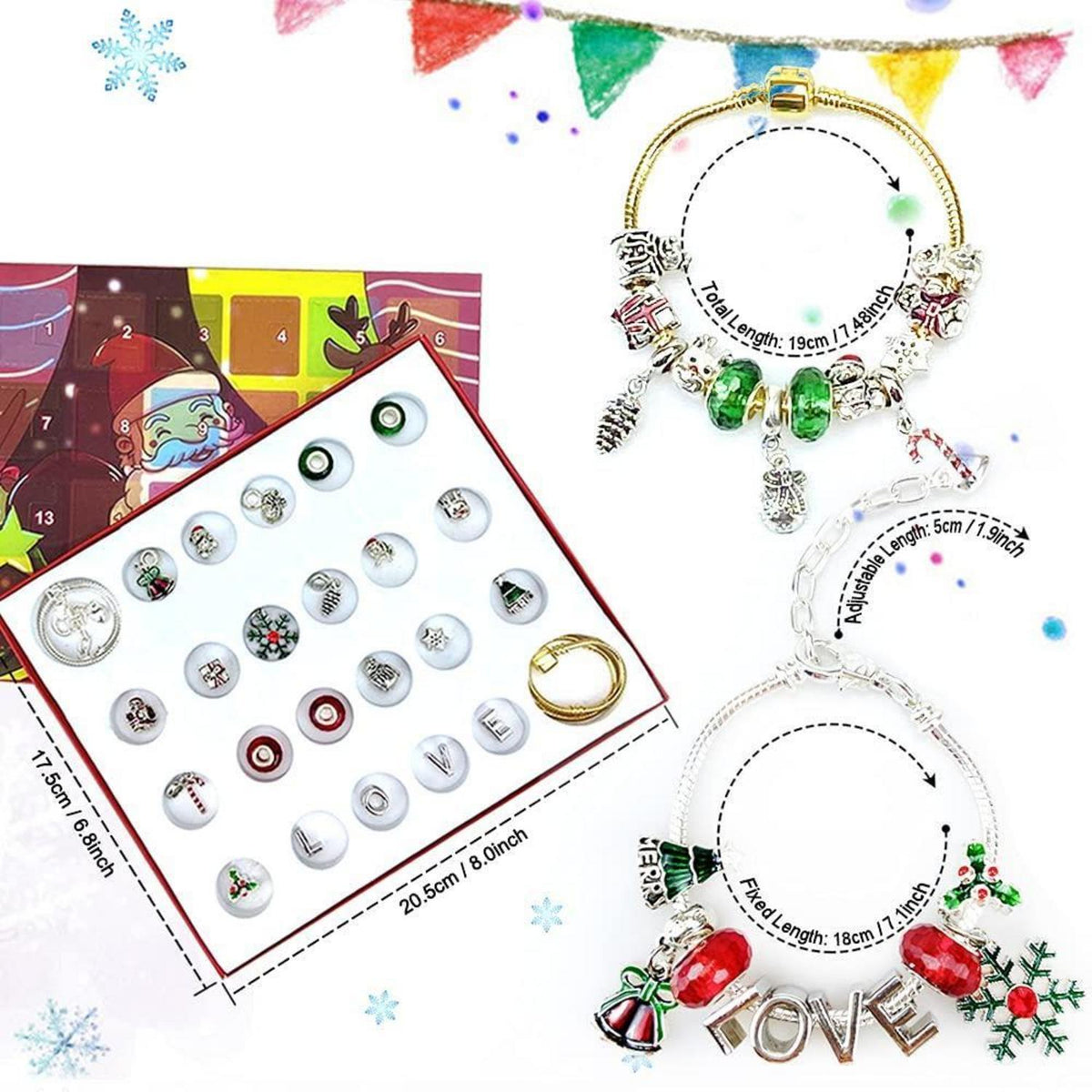 Adventskalender Schmuck Mädchen 2026 – 2 Armbänder & 22 Anhänger