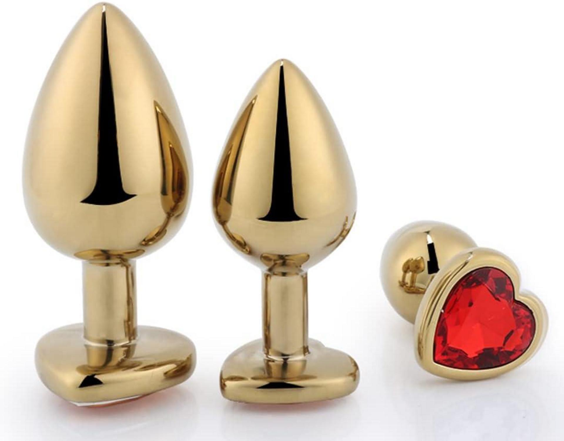Gold Analplugs Kristall Herzförmig Stoss Set 3 Größen Butt
