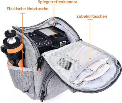 Kameratasche für DSLR/SLR-Kameras mit Regenschutz und Polsterung - Grau