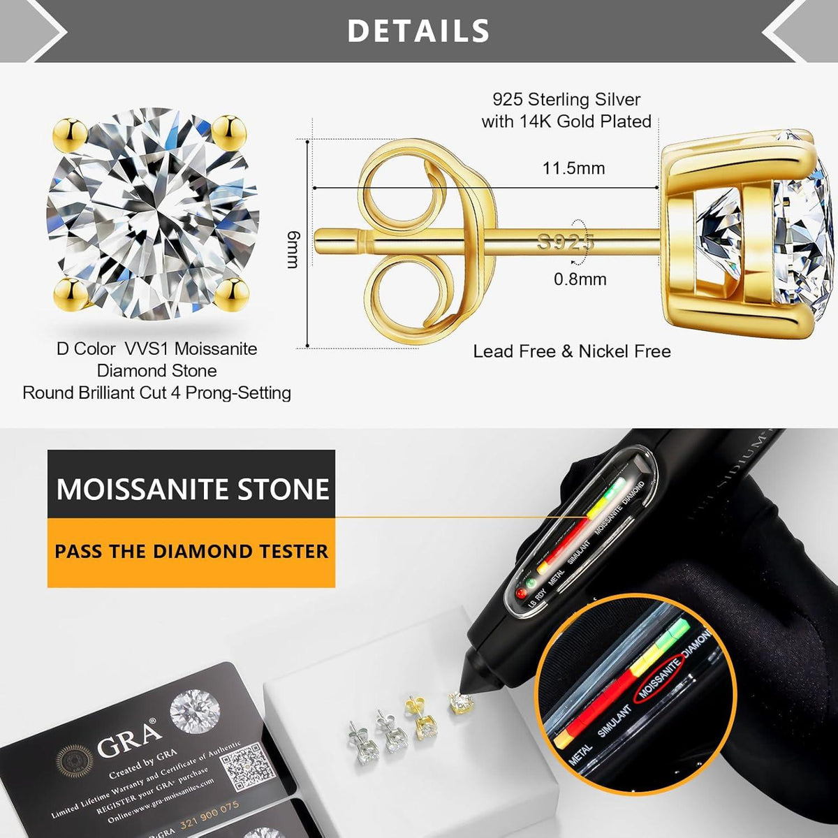 Moissanite Ohrstecker 925 Silber Damen VVS1 14K Gold Weißgold