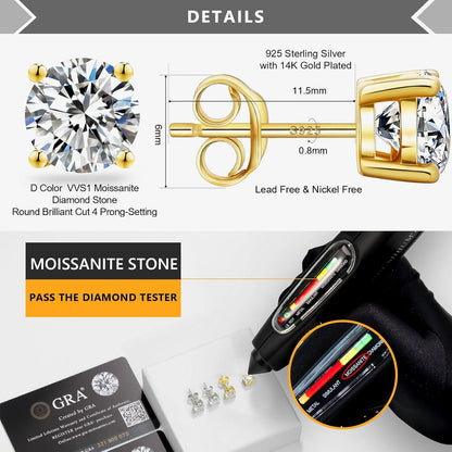Moissanite Ohrstecker 925 Silber Damen VVS1 14K Gold Weißgold