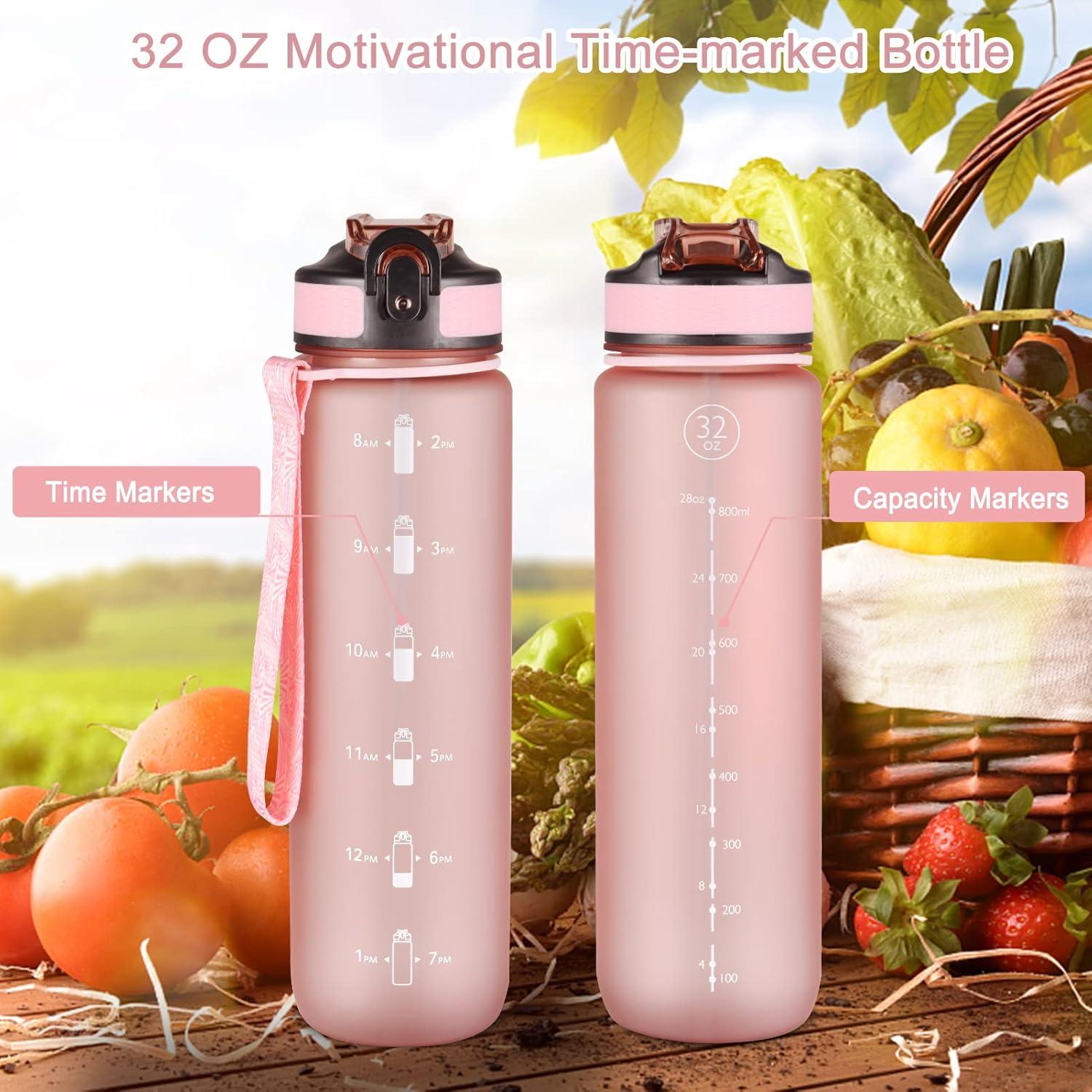 NAVTUE 1 Liter Sport Wasserflasche mit Strohhalm und Zeitmarkierungen PinkBlau