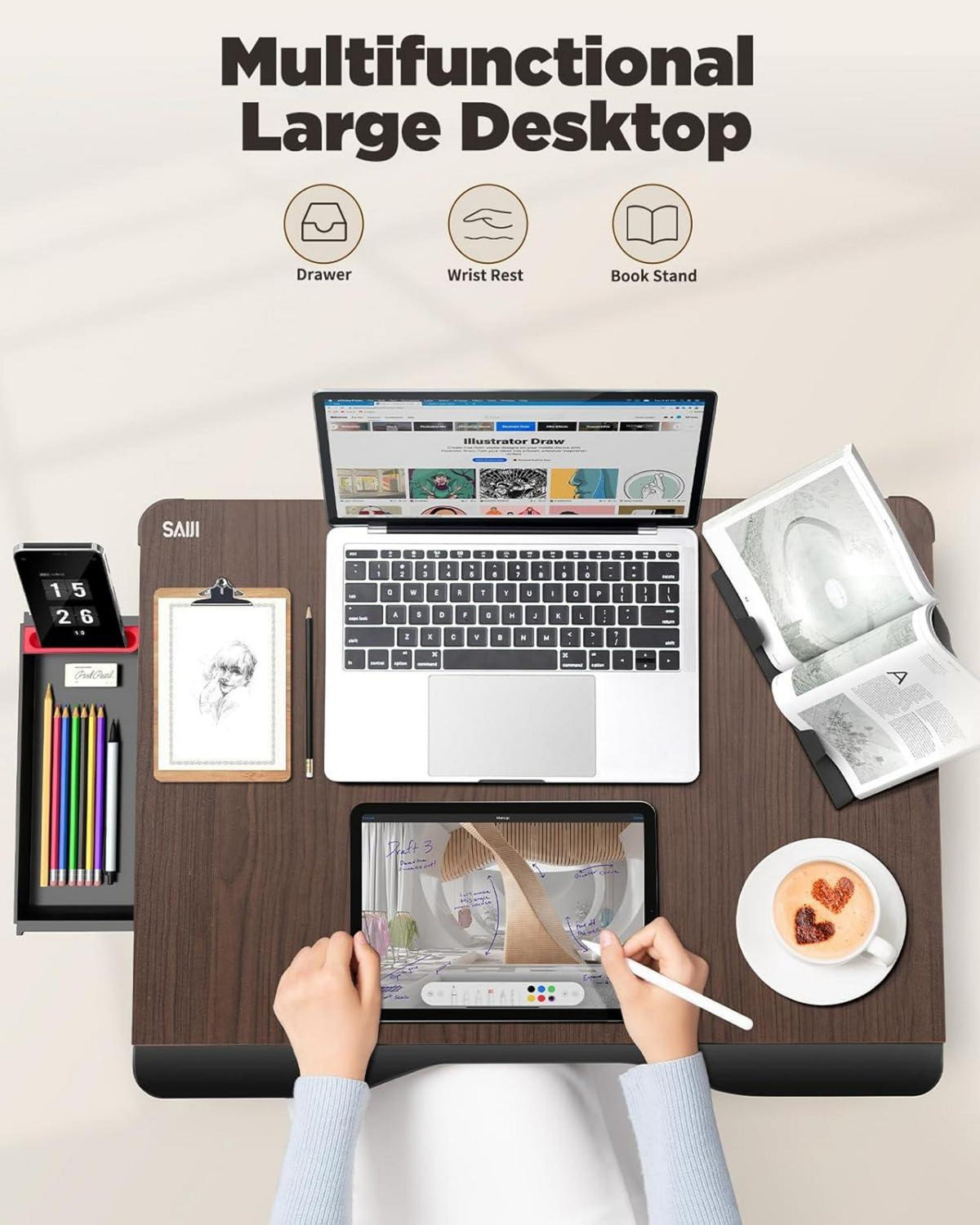XXL Laptop Tisch Bett klappbar Betttisch Schublade Handauflage Tablet