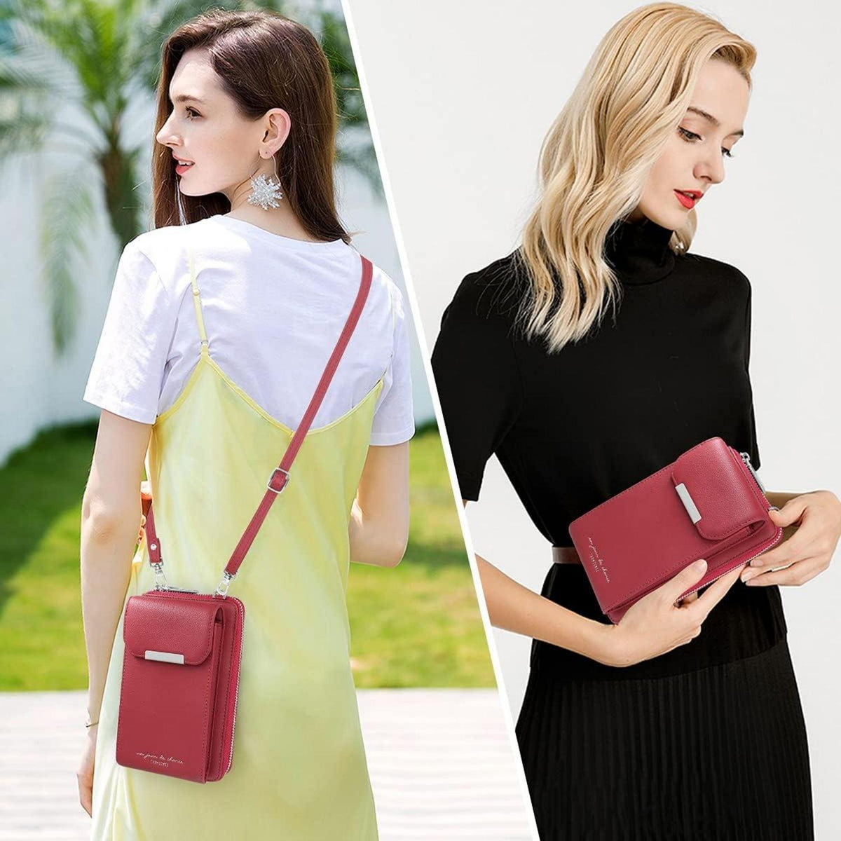 Umhängetasche Damen Handy Schultertasche Geldbörse PU Leder Crossbody Rot
