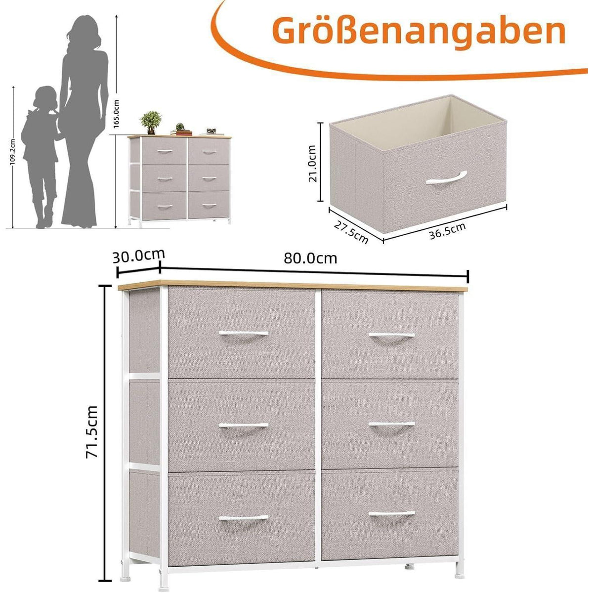 Kommode mit 6 Stoffschubladen – Grau, 30x80x71,5 cm