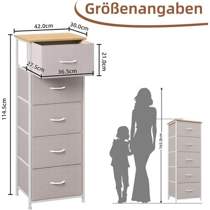 Somdot Kommode mit 5 Stoffschubladen – Aschgrau, 30x42x114,5 cm