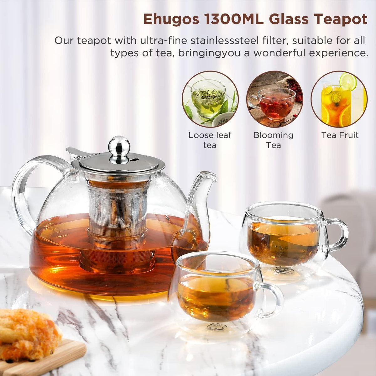 Teekanne Glas Borosilikatglas Siebeinsatz 1300ML Glaskanne