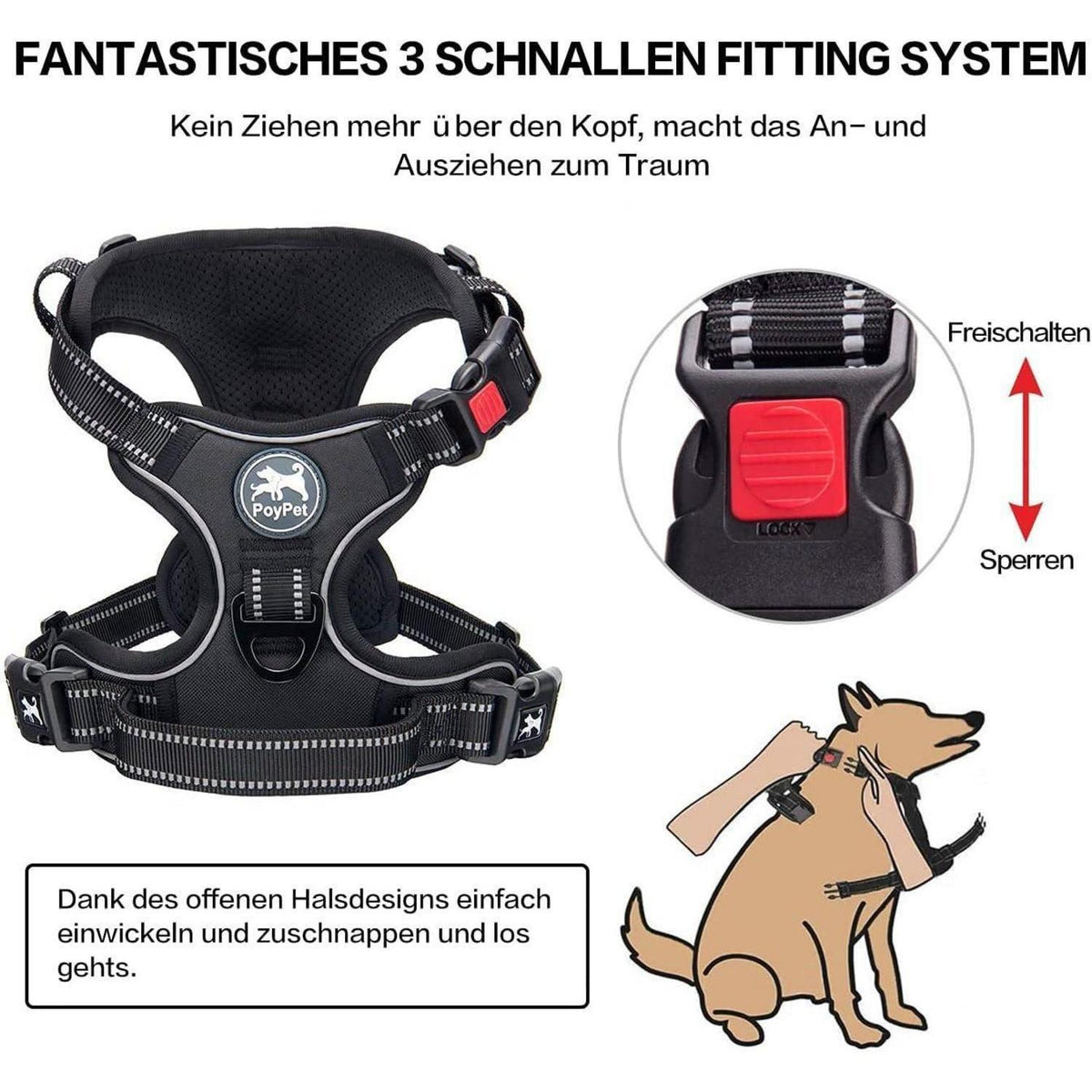 Hundegeschirr ohne Ziehen, XS Schwarz, verstellbar, gepolstert