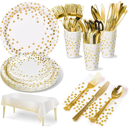 141Stück Weißgold Partygeschirr Set mit goldenem Punkt