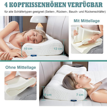 Höheneinstellbares Memory Foam Kissen mit Bezug 60x36x12 cm