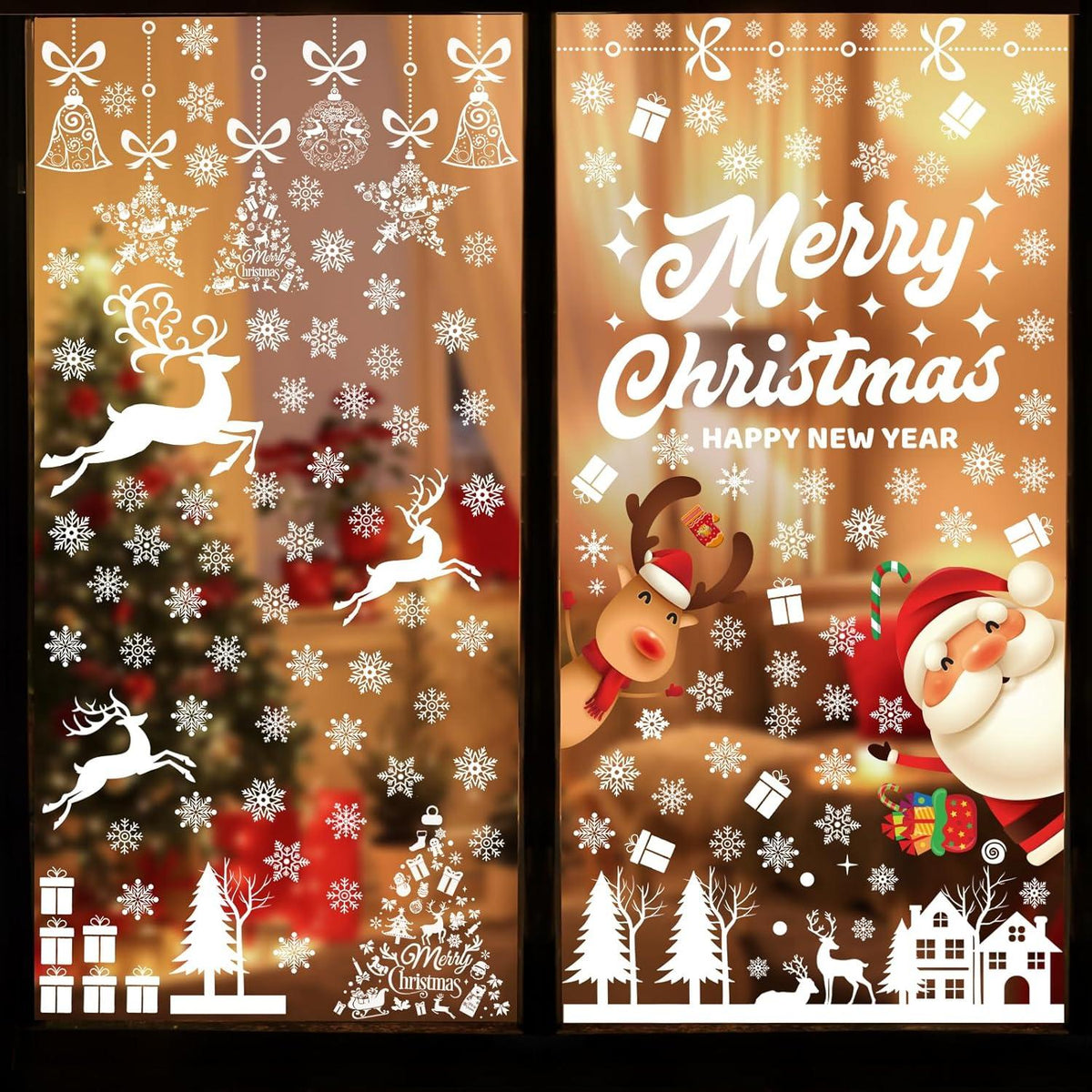 9 Blatt Weihnachts-Fensteraufkleber Rentier Schneeflocken