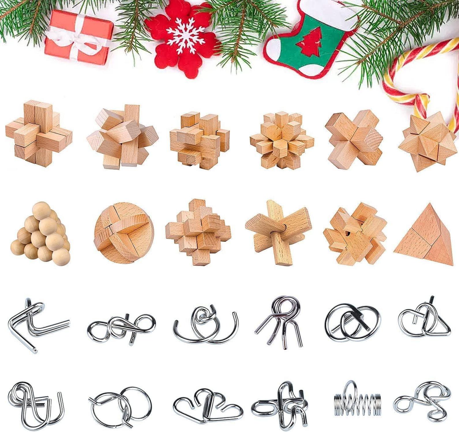 Adventskalender Knobelspiele 2024 Metall Holz 3D Puzzle Kinder