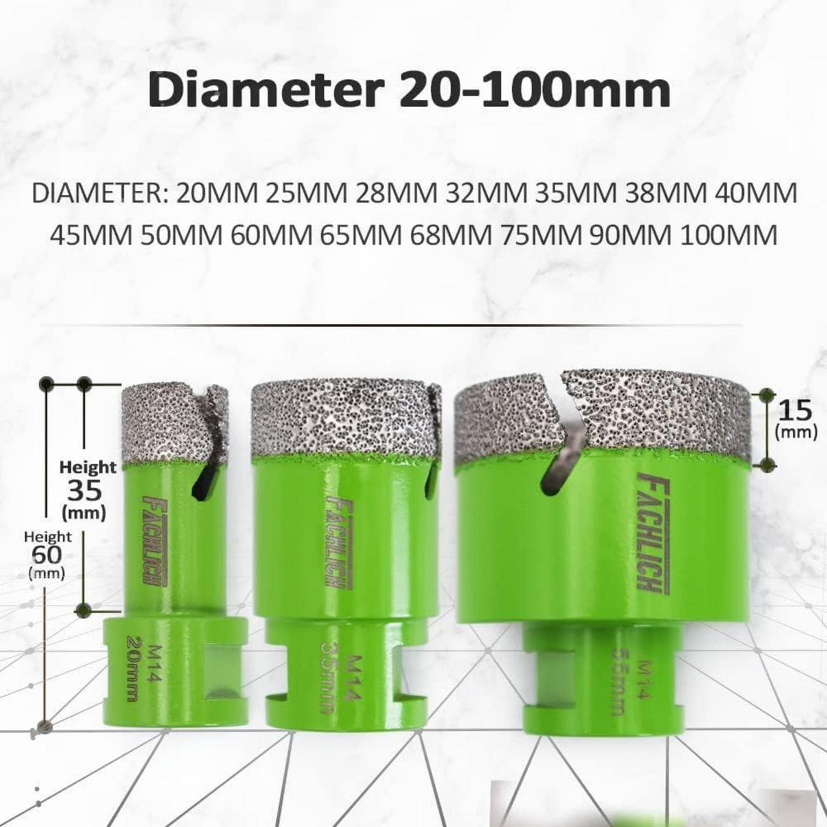 Diamant-Bohrkronen 2 Stk. 65mm M14 Vakuumgelötet für Fliesen & Granit