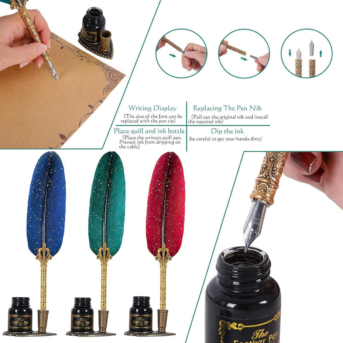 Vintage Schreibfeder Set mit Tinte und Wachssiegel