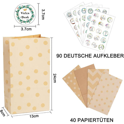 KASZOO Papiertüten Braun 40 Stück Kraftpapier Aufkleber 90
