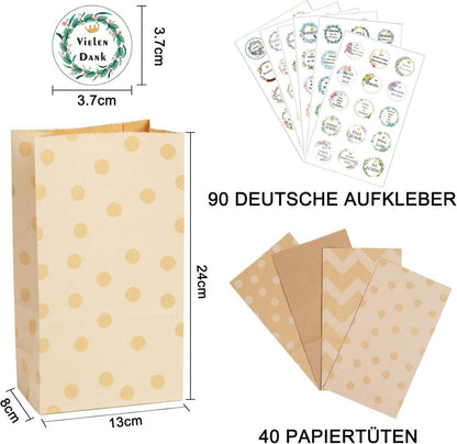 KASZOO Papiertüten Braun 40 Stück Kraftpapier Aufkleber 90