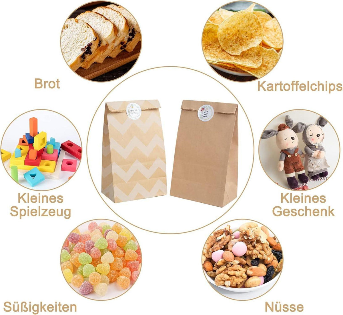 Kraftpapier Papiertüten Braun 40 Stück mit 90 Aufkleber Set