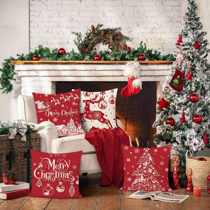 Weihnachtskissenbezüge 45x45 cm, 4er-Set Rentier Rot