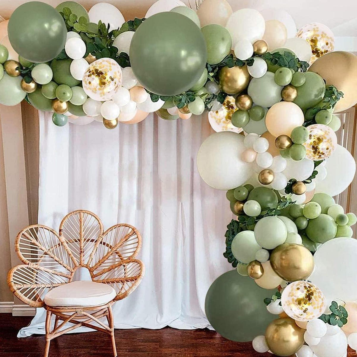 Ballon Girlande Set 102 Stück Olivgrün Weiß Gold für Party Deko