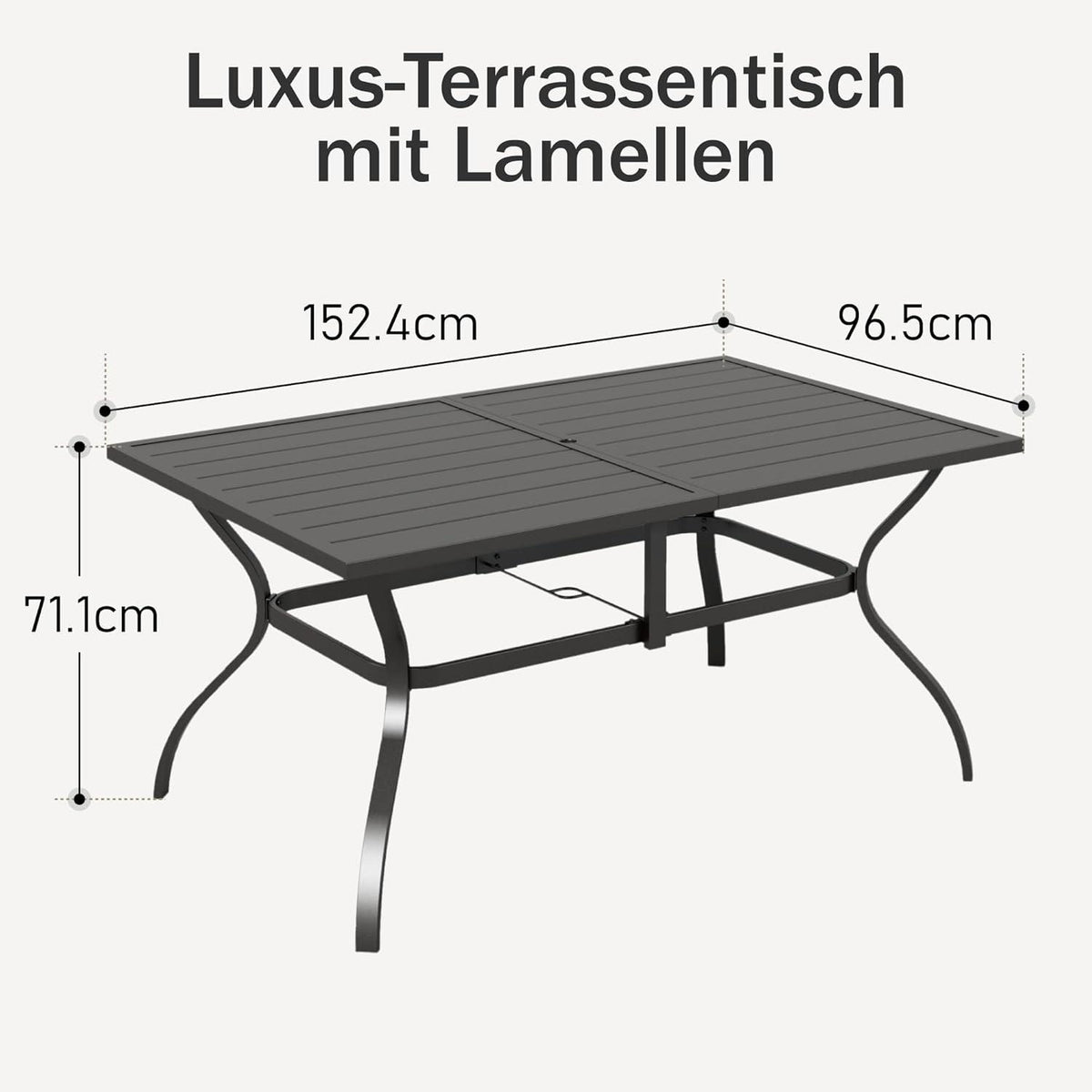 Gartentisch 152x95cm Schwarz für 6 Personen mit Schirmloch - Wetterfest & Stabil