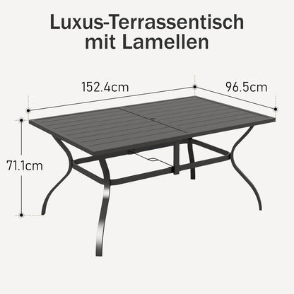 Gartentisch 152x95cm Schwarz für 6 Personen mit Schirmloch - Wetterfest & Stabil