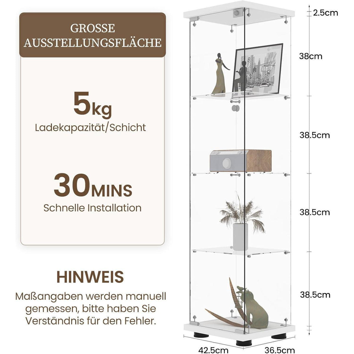 Standvitrine Weiß mit 4 Böden – Glasvitrine für Sammlerstücke