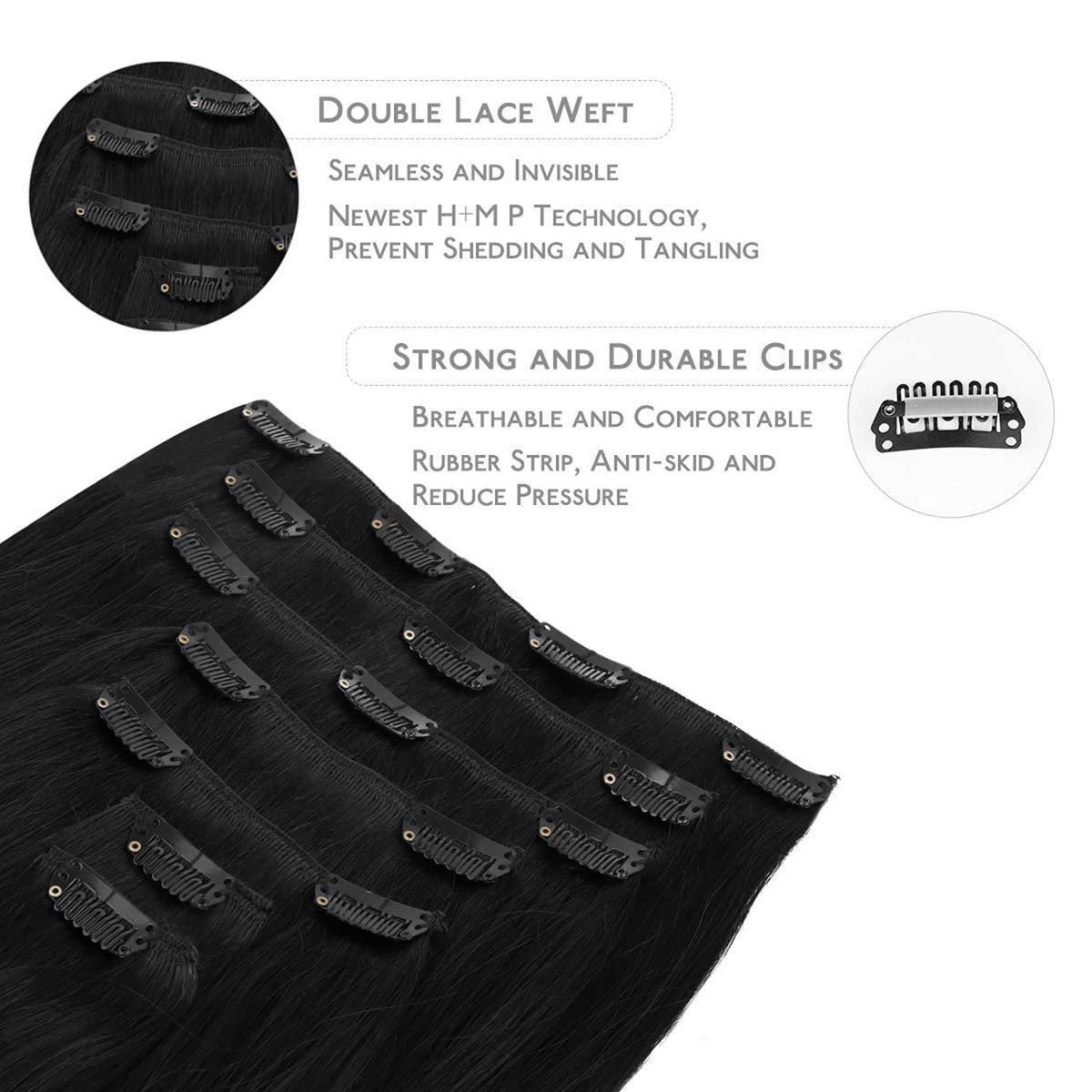 Echthaar Clip-Ins 60cm, Tief Schwarz – Remy Haarverlängerung