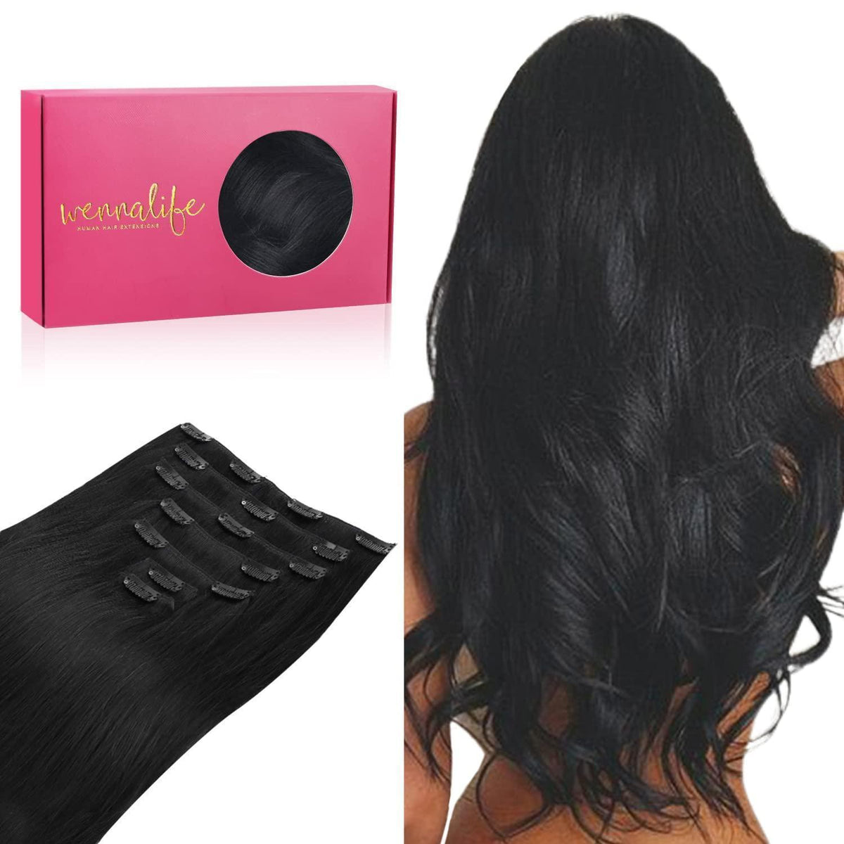 Clip in Echthaarverlängerung 35cm Tief Schwarz 120g