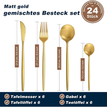 Besteckset Edelstahl Matt Gold für 6 Personen, 24-teilig