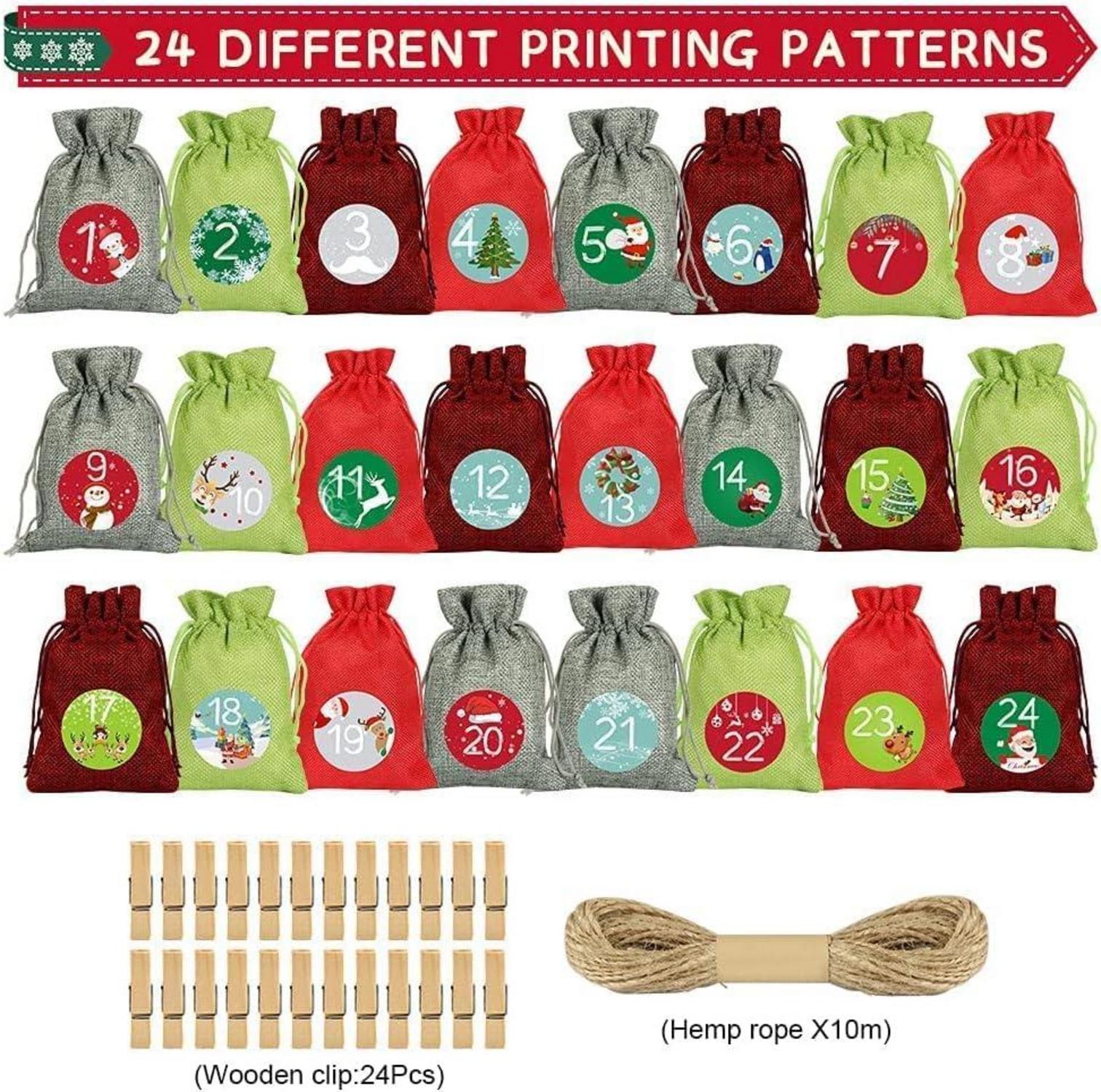 24 Adventskalender Stoffbeutel Weihnachtskalender Set Rot