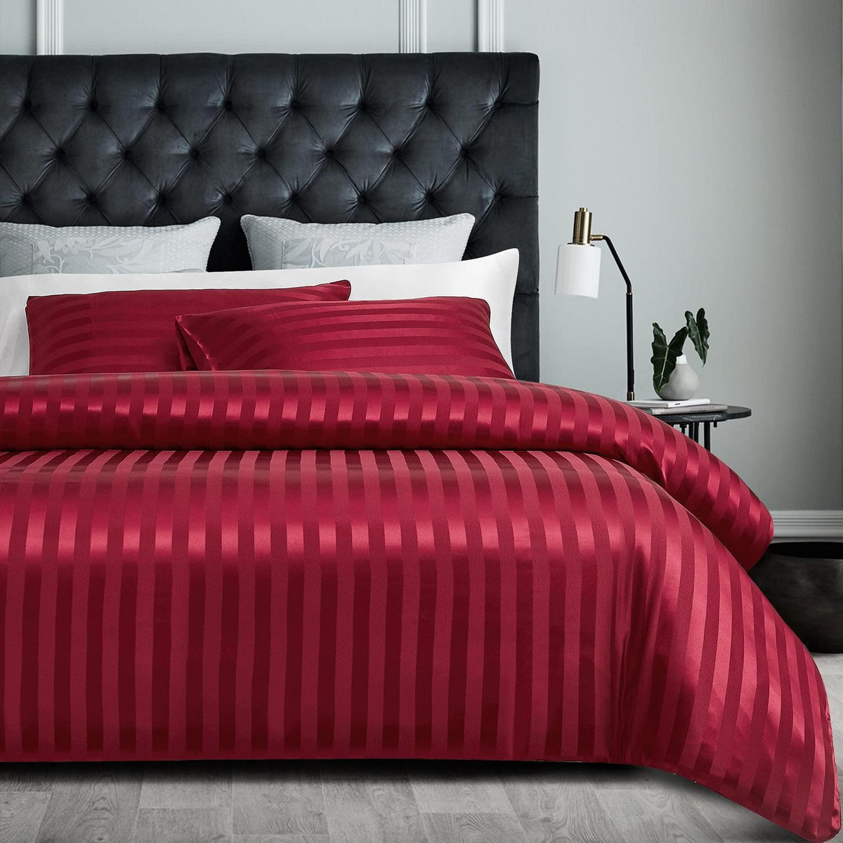 Satin Bettwäsche Set 135x200cm Rot – Gestreift & Seidig Glänzend