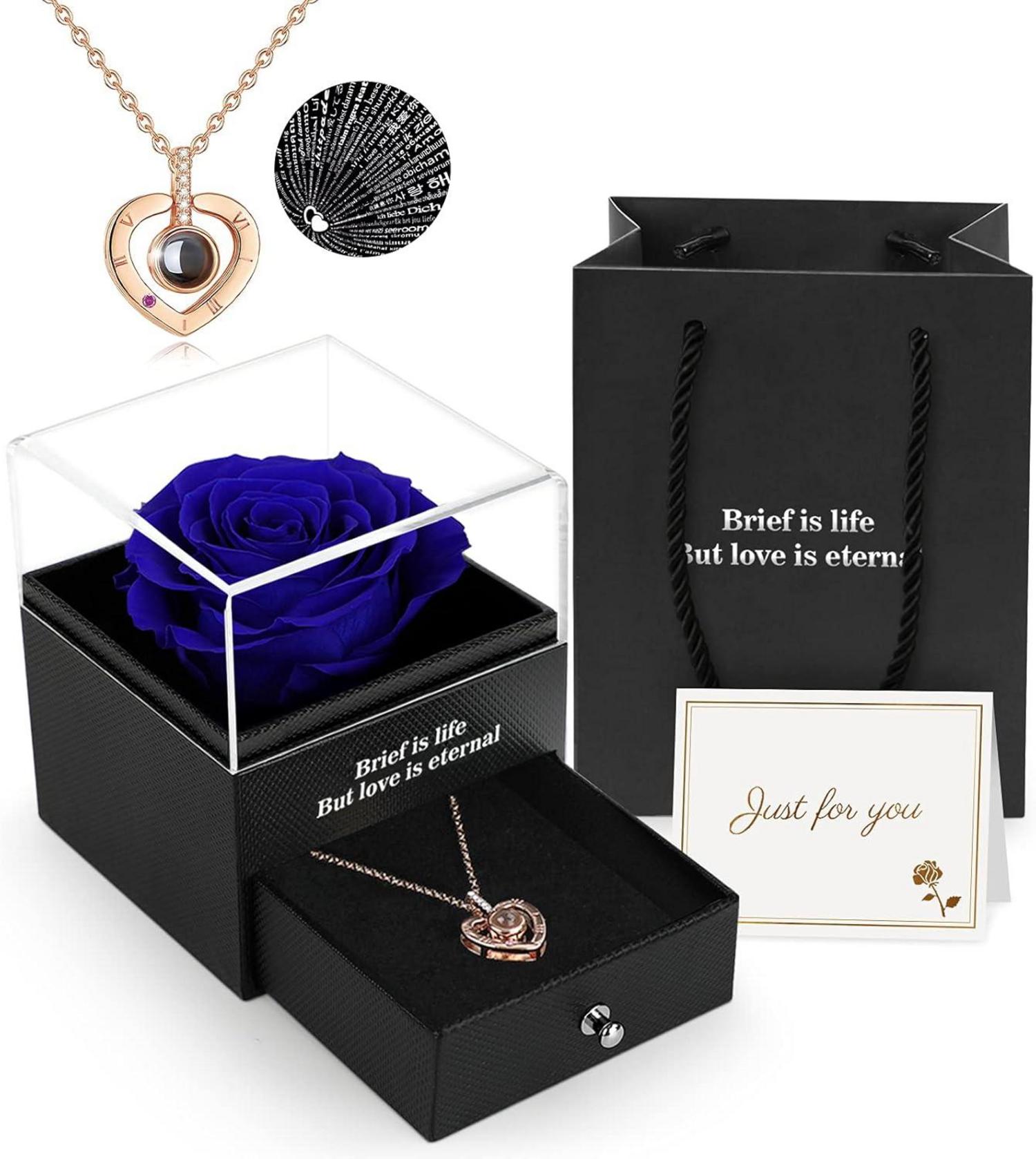 Ewige Rose mit I Love You Halskette Geschenkbox Blau