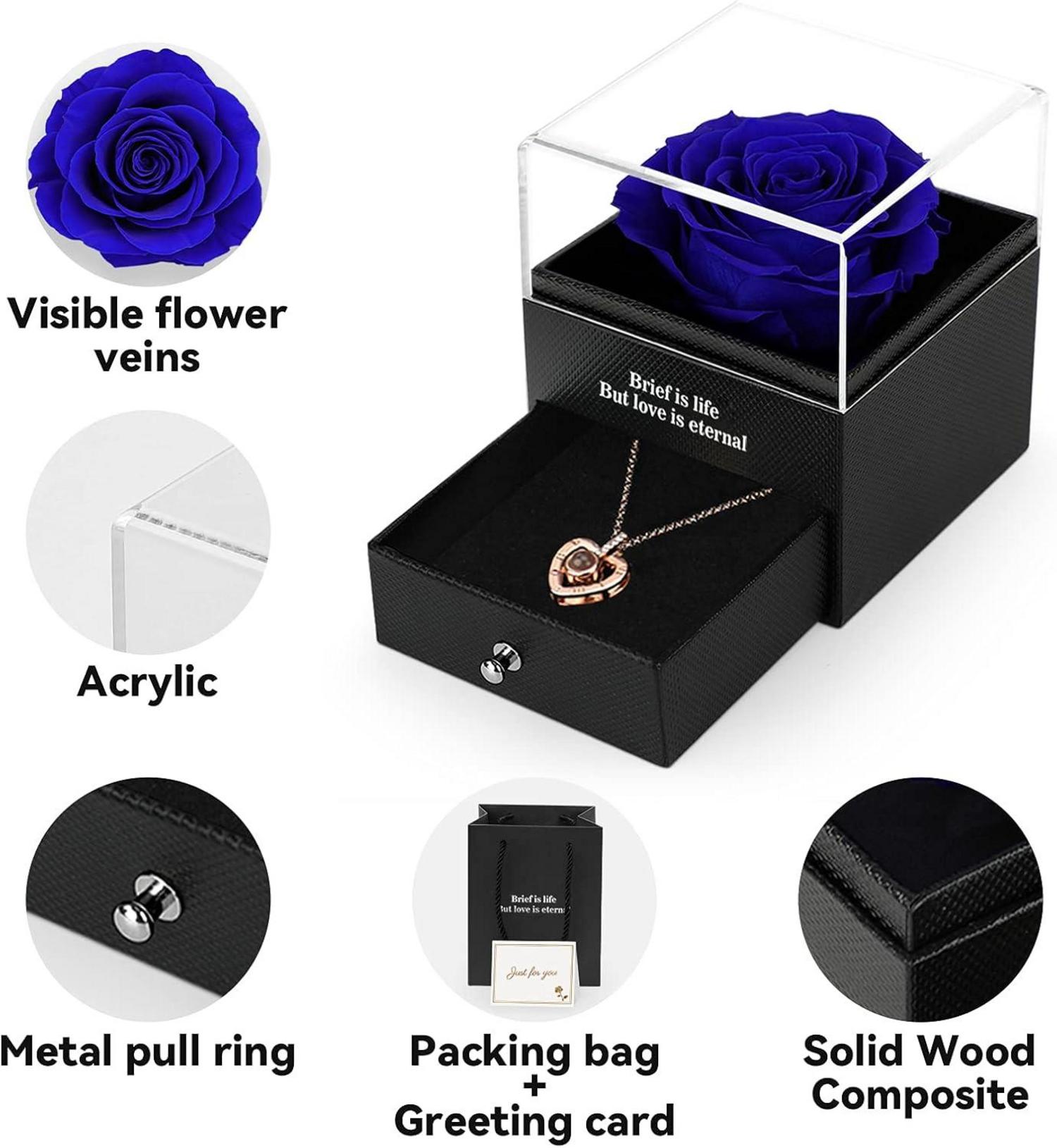 ADAZ Ewige echte Rose mit I Love You Halskette Blau - Geschenkbox für sie - Valentinstag Muttertag Hochzeit Jahrestag
