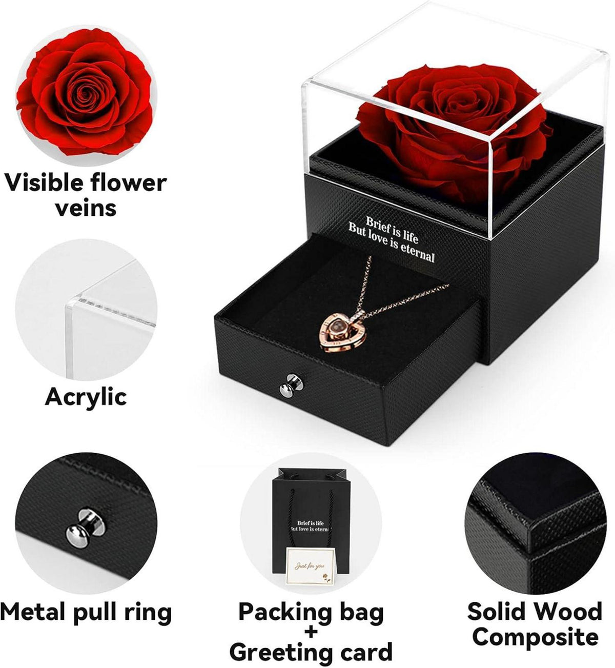 ADAZ Ewige Rose mit I Love You Halskette in Geschenkbox Rot