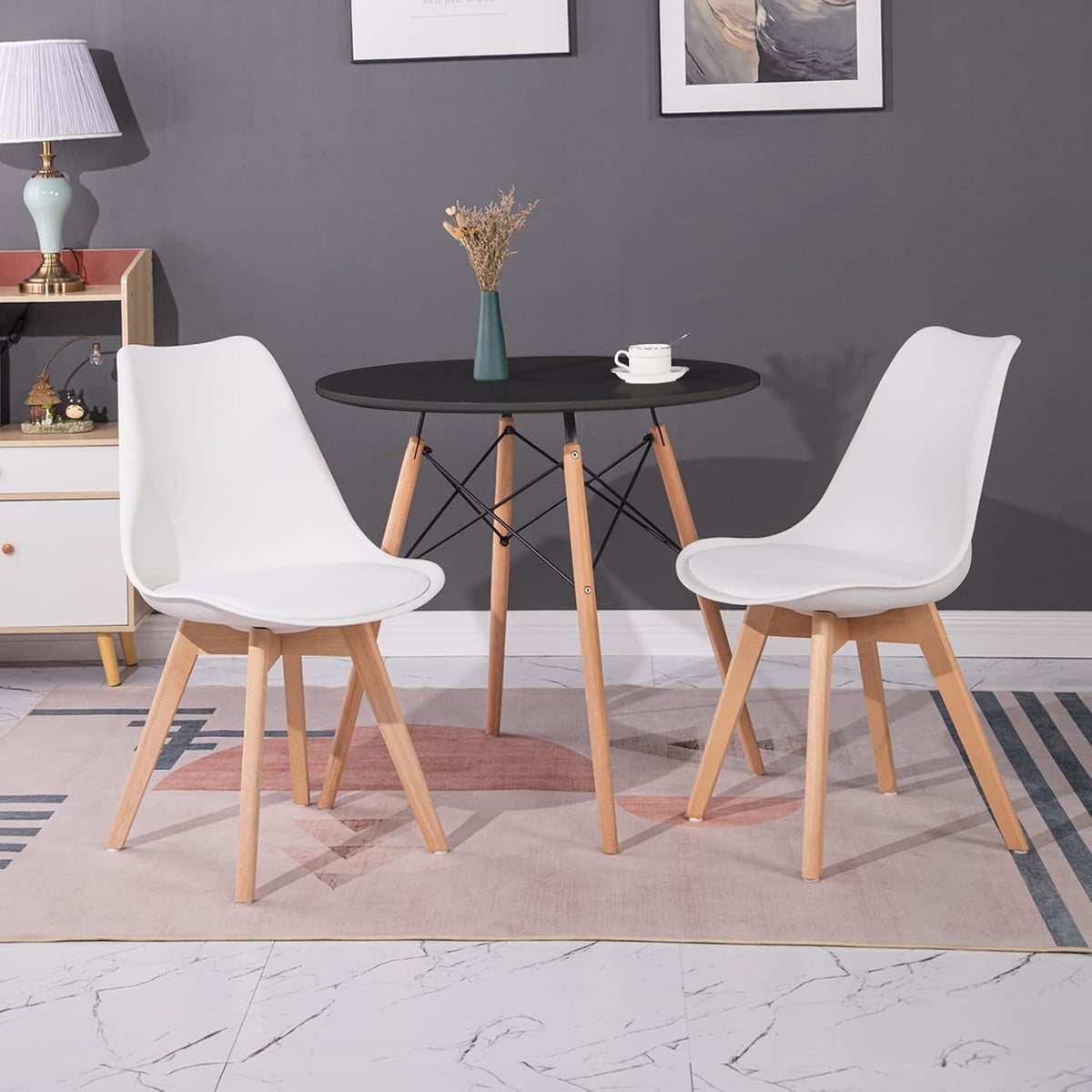 Rundes Esszimmer-Set mit 4 skandinavischen Stühlen, Schwarz Weiß