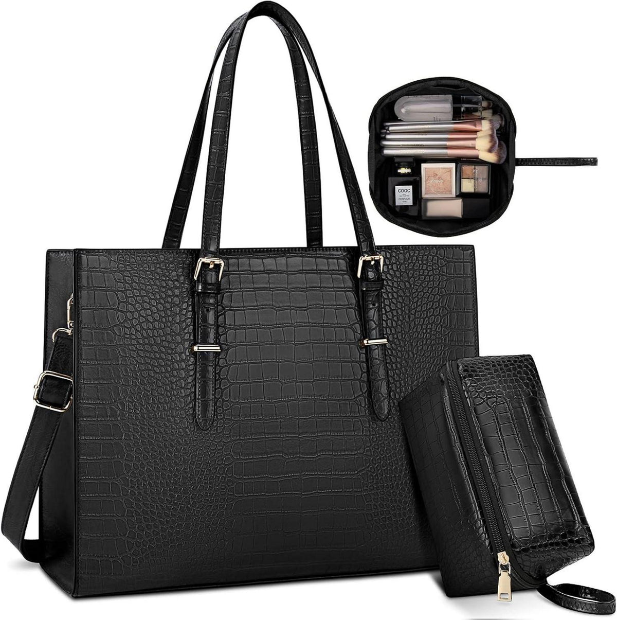Lubardy Damen Handtasche Shopper Schwarz 15.6 Zoll PU Leder
