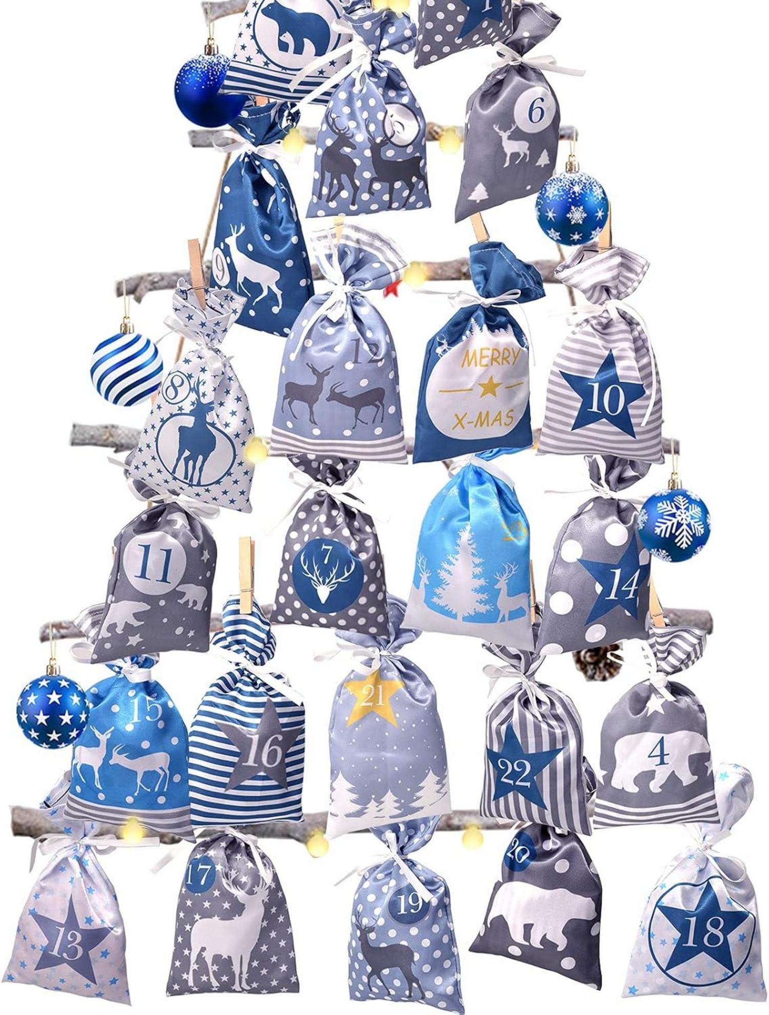 DIY Adventskalender Stoffbeutel Set 24 Jutesäcke Kette basteln Blau