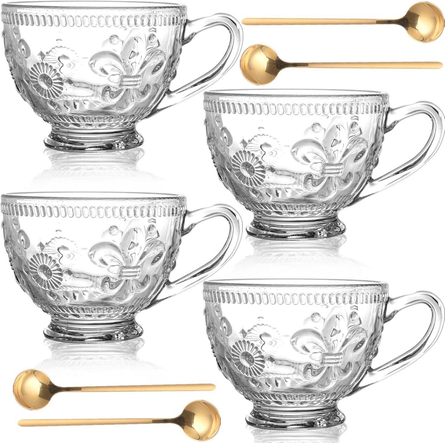 4er Glas Kaffeetassen Set Vintage 400ml mit Löffeln