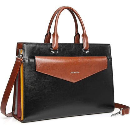 Damen Leder Aktentasche für 15.6 Zoll Laptop, Schwarz+Braun